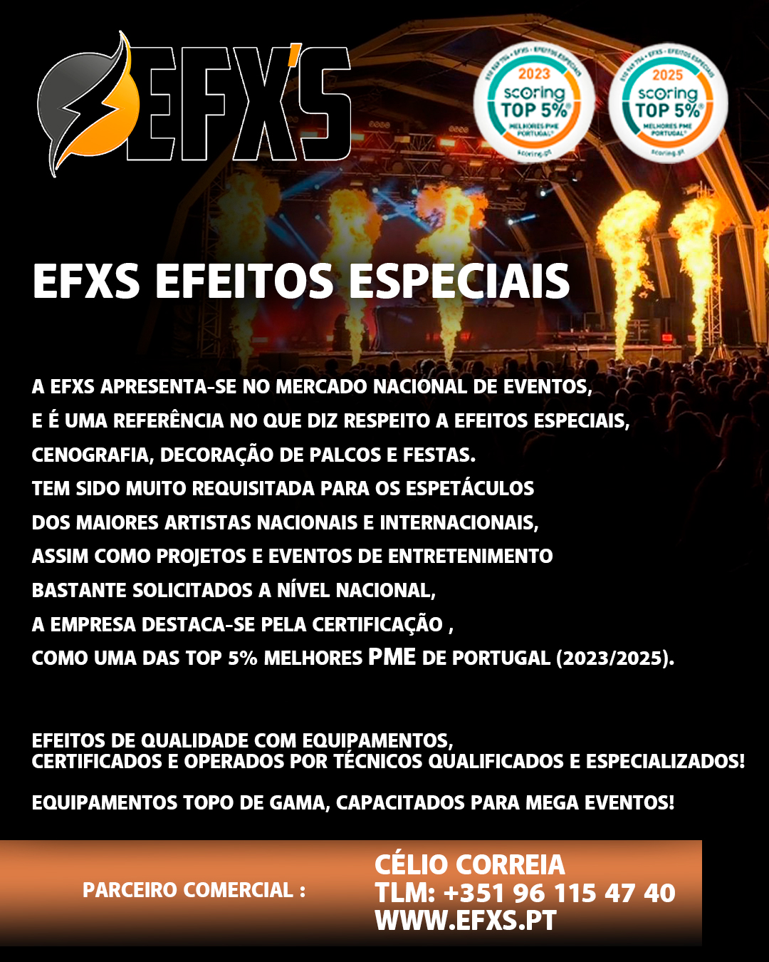 EFXS efeitos especiais em palco, fogo e iluminação durante concerto.