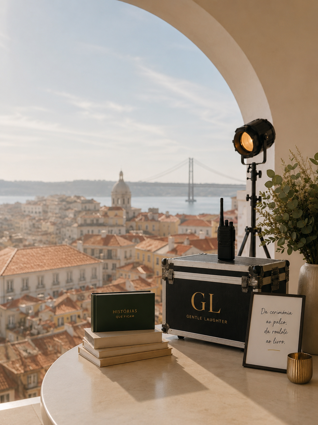 Varanda em arco sobre Lisboa, com Cristo Rei e Ponte 25 de Abril ao fundo: flightcase Gentle Laughter, rádio, projector, livro «Histórias que ficam» e quadro «Da cerimónia ao palco, da roulote ao livro».